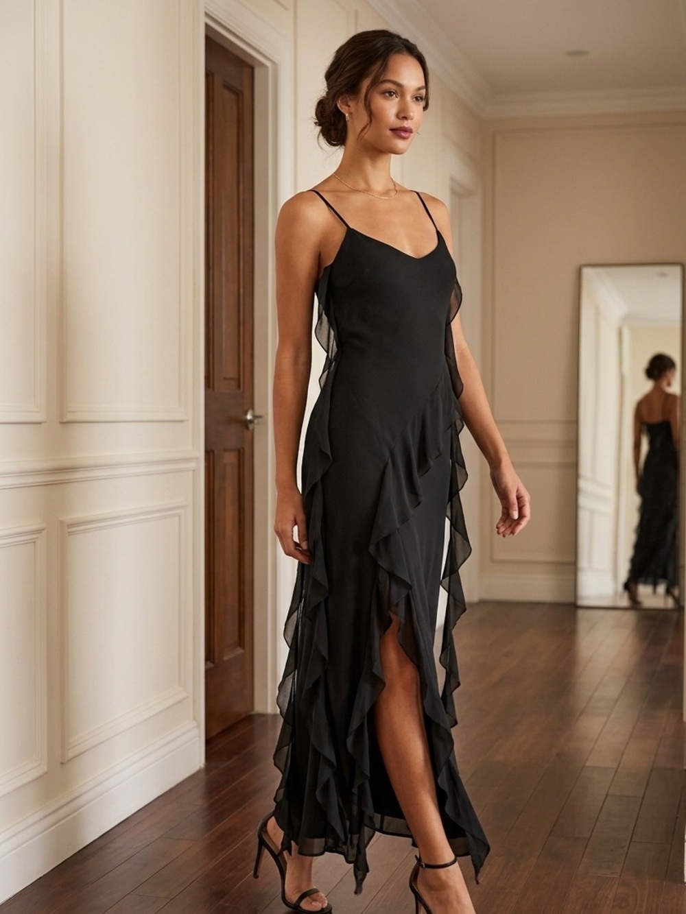 Elegant Lingerie Gown Black Ruffle with Spaghetti Straps NWOT Size S